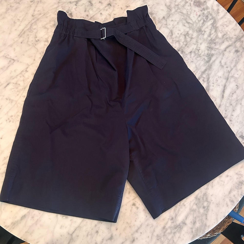 Navy High-Waist Belted Paperbag Shorts